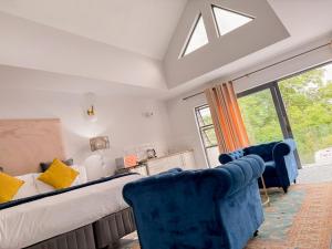 a bedroom with a bed and two blue chairs at Amoris Guesthouse I - Randburg in Johannesburg +64 photos