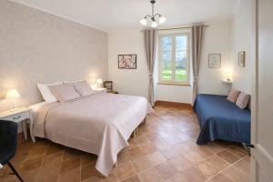 a bedroom with two beds and a window at Ferme du Grand Breton - Chambres et Table d'hôtes in Beaumont-de-Lomagne