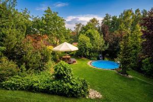 an overhead view of a backyard with a swimming pool and an umbrella at Chalupa u Macochy in Blansko