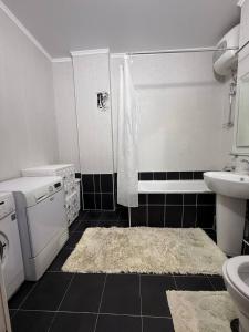 a white bathroom with a sink and a shower at Ala-Too Central Square Residence in Bishkek +14 photos