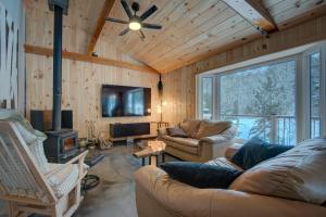 a living room with couches and a fireplace and a tv at Spa by Lake Edja - Chalet Yellow Mellow in Messines