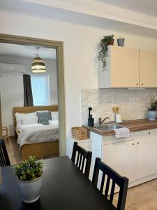 a kitchen and living room with a table and a bed at Harmónia Panzió in Bogács