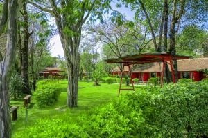 a park with a red pavilion and a tree at Muthu Mara River Lodge in Masai Mara