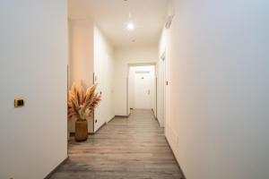 a hallway with white walls and a vase with a plant at Hotel San Nicola in Altamura