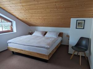 a bedroom with a bed and a chair in it at Ferienwohnung Katrin Spindler in Ilmenau