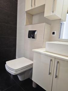 a bathroom with a white toilet and a sink at The Solstice Studio Apartment in Cluj-Napoca +10 photos