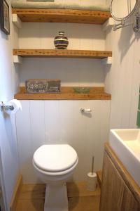 a bathroom with a white toilet and a sink at Seaside Shepherd's Hut in Mundesley