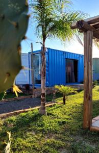 a blue shipping container in a yard with a palm tree at POUSADAGiraGarden Containers in Arroio do Silva +14 photos