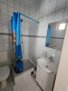 a bathroom with a toilet and a sink and a shower curtain at Erdős Panzió in Ditrău