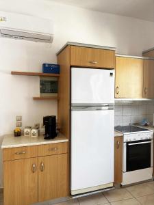 a kitchen with a white refrigerator and wooden cabinets at Blue View in Livadia