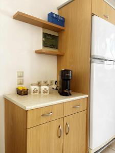 a kitchen with a coffee maker on a counter next to a refrigerator at Blue View in Livadia +7 photos