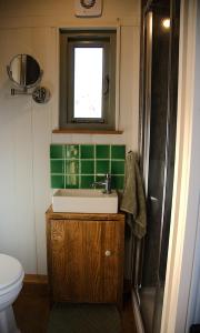 a bathroom with a sink and a shower at Seaside Shepherd's Hut in Mundesley +11 photos