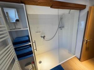 a bathroom with a shower with blue towels at Ferienhaus Winkelwerk in Goslar +12 photos