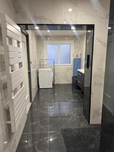 a bathroom with a shower and a sink and a mirror at les gîtes de la Colombière 10 personnes in Longvic +15 photos