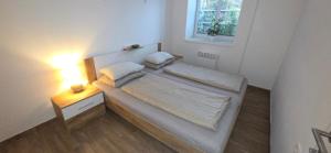 a small bedroom with a bed and a night stand at Maestro I. in Laško