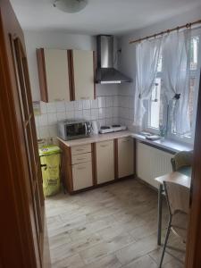 a kitchen with wooden cabinets and a counter top at Tyrolczyk in Szklarska Poręba