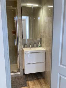 a bathroom with a sink and a mirror at Studio Vintage avec cheminée décorative in Villefranche-sur-Saône