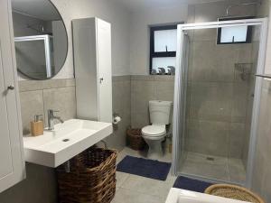 a bathroom with a toilet and a sink and a shower at Sea La Mer Villa in Wilderness +12 photos