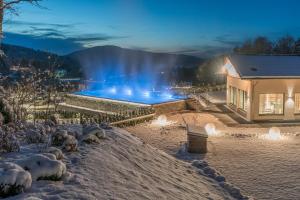 a building with a pool in the snow at night at Resort Hotel Bodenmais in Bodenmais