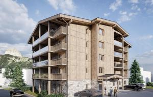 Een architectonische impressie van een hoog gebouw met mensen die buiten staan. bij Kitzhorn Suites in Sankt Johann in Tirol