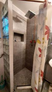 a bathroom with a shower with a tiled floor at Bori Guest House in Miercurea-Ciuc