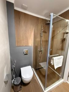 a bathroom with a toilet and a glass shower at New Gudauri Atrium in Gudauri +138 photos