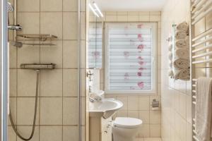 a bathroom with a shower and a toilet and a sink at Ferienhaus Jupiter im Sternenpark in Lochow