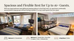 two pictures of a bedroom with two beds and additional sleeping clusters at Elegant & Cozy Retreat Home, City Center Gem, At the Seaside, Steps from the Tram in Konak