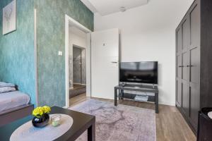 a living room with a couch and a tv at Heide Ferienwohnung Süd Nr-2 in Schneverdingen