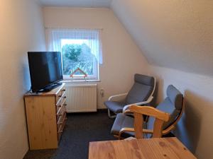 a living room with a tv and two chairs and a table at Pension Haus Pentacon in Kurort Altenberg