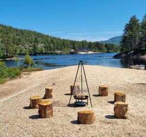 a group of logs on a beach next to a river at Hamsun Panorama med sauna in Åmli +12 photos