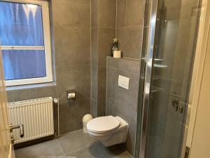 a bathroom with a toilet and a shower at Haus Seeschwalbe - Wohnung 07 in Spiekeroog