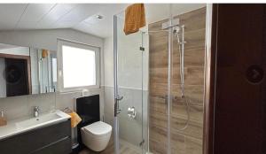 a bathroom with a shower and a toilet and a sink at Chalet Sunstar in Saas-Grund +85 photos