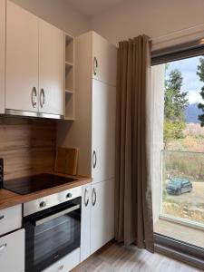 a kitchen with white cabinets and a large window at Golden LUX in Bar