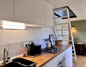 a kitchen with a counter with a sink and a ladder at Tiny House Cosy Climatisée in Saint-Sylvain-dʼAnjou