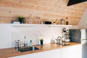 a kitchen with a sink and wooden ceiling at Rigó Ház - Kisoroszi in Kisoroszi