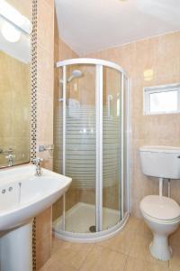 a bathroom with a shower and a toilet and a sink at Mannin Lodge in Ballyconneely +19 photos