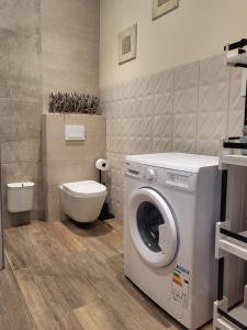 a bathroom with a washing machine and a toilet at Apartament Megi in Kruszyn