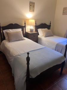 a bedroom with two beds and a table with a lamp at Quinta do Pomarinho - Arouca in Arouca