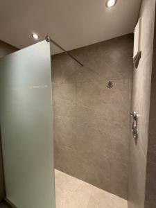 a shower with a glass door in a bathroom at FeWo Hess in Rust +7 photos