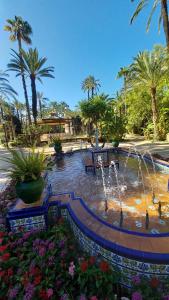 a fountain in a park with palm trees and flowers at Rosa de la Sal in La Mata