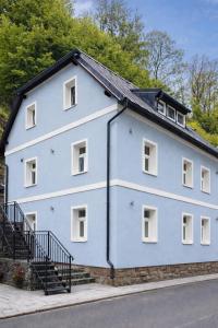 a white house with a black roof at Apartmány Ella in Hřensko