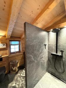 a bathroom with a shower in a cabin at Chalet Flond in Obersaxen +23 photos