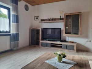 a living room with a television and a vase of flowers at Königsfeld in Königsfeld