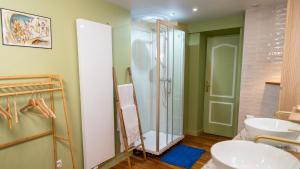 a bathroom with a glass shower and a sink at Gite le Mont Blanc in Le Mesnil-sur-Oger +5 photos