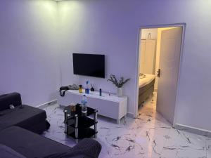 a living room with a couch and a tv at JJ home in Amdalai
