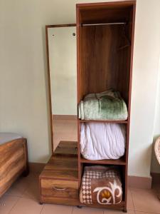 a room with a wooden closet with a mirror at The Parijat Inn in Mirik