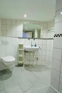 a bathroom with a sink and a toilet and a mirror at Ferienhaus am Bürgergarten in Bad Bentheim +10 photos