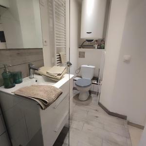 a bathroom with a toilet and a sink at Little studio in the old town in Vence +23 photos