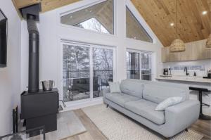 a living room with a couch and a stove at NatureX Spa River Dogfriendly in Sainte Béatrix +31 photos